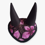 The Hobby Horse LarDen Ear Bonnet Chestnut Purple features a heart shape, a purple and black leaf-patterned fabric, and two tall black ear points for extra insect protection for your hobby horse.
