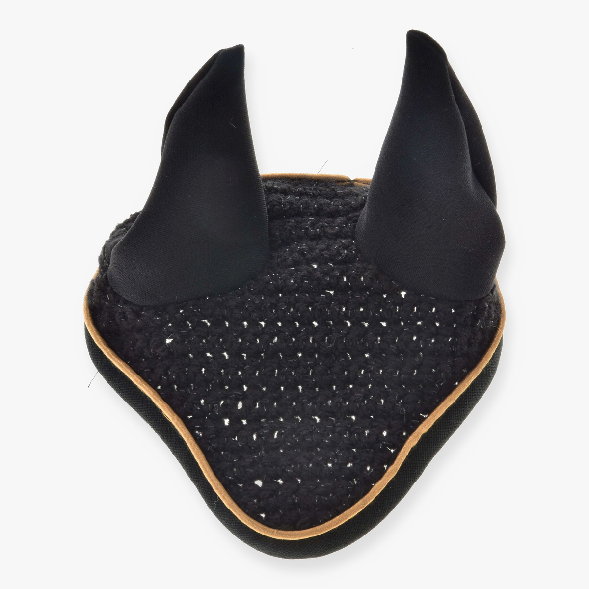 The Hobby Horse LarDen Ear Bonnet Crocheted Black Gold features upright fabric ears and a tan trim for stylish insect protection, shown on a white background.
