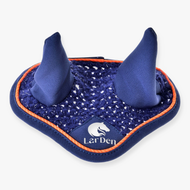 The Hobby Horse LarDen Ear Bonnet Crocheted Blue Sport features two upright ears, orange trim, insect protection, and a white horse head logo with "LarDen" text on the front.