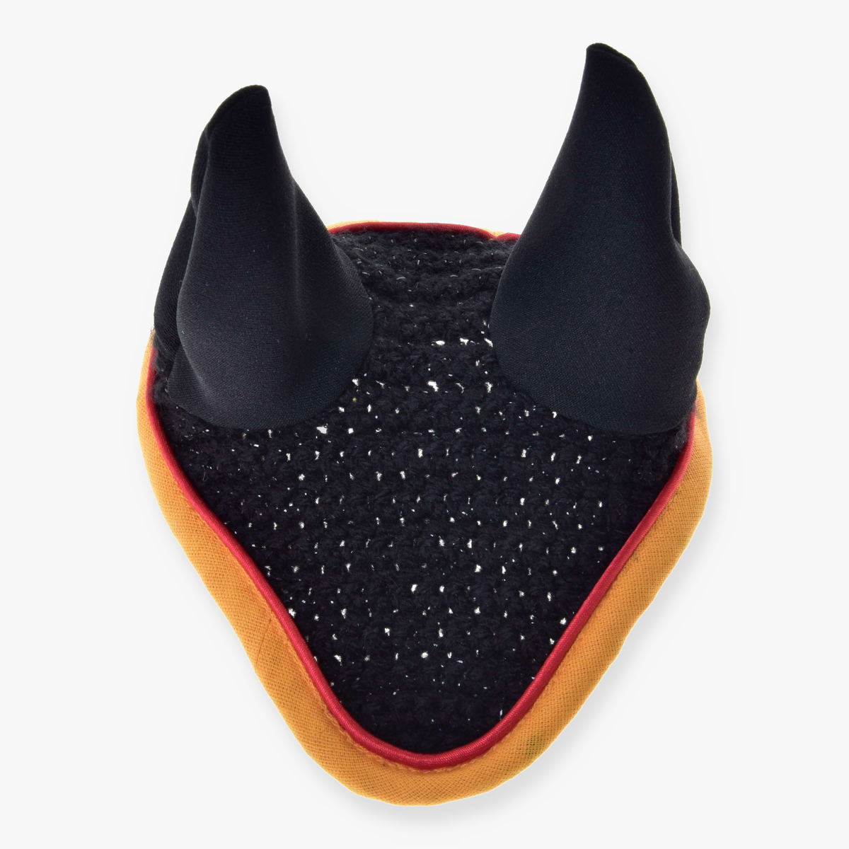 The Hobby Horse LarDen Ear Bonnet Crocheted Flag features two upright ears and orange-red trim, providing insect protection for your hobby horse. Shown here against a white background.