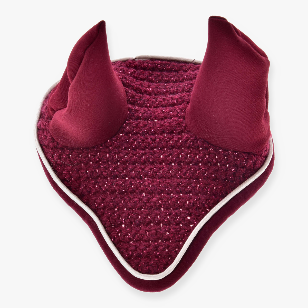 The Hobby Horse LarDen Ear bonnet crocheted Lux Maroon features two pointed ear covers and a white trim, offering insect protection for hobby horses. Displayed on a plain white background.