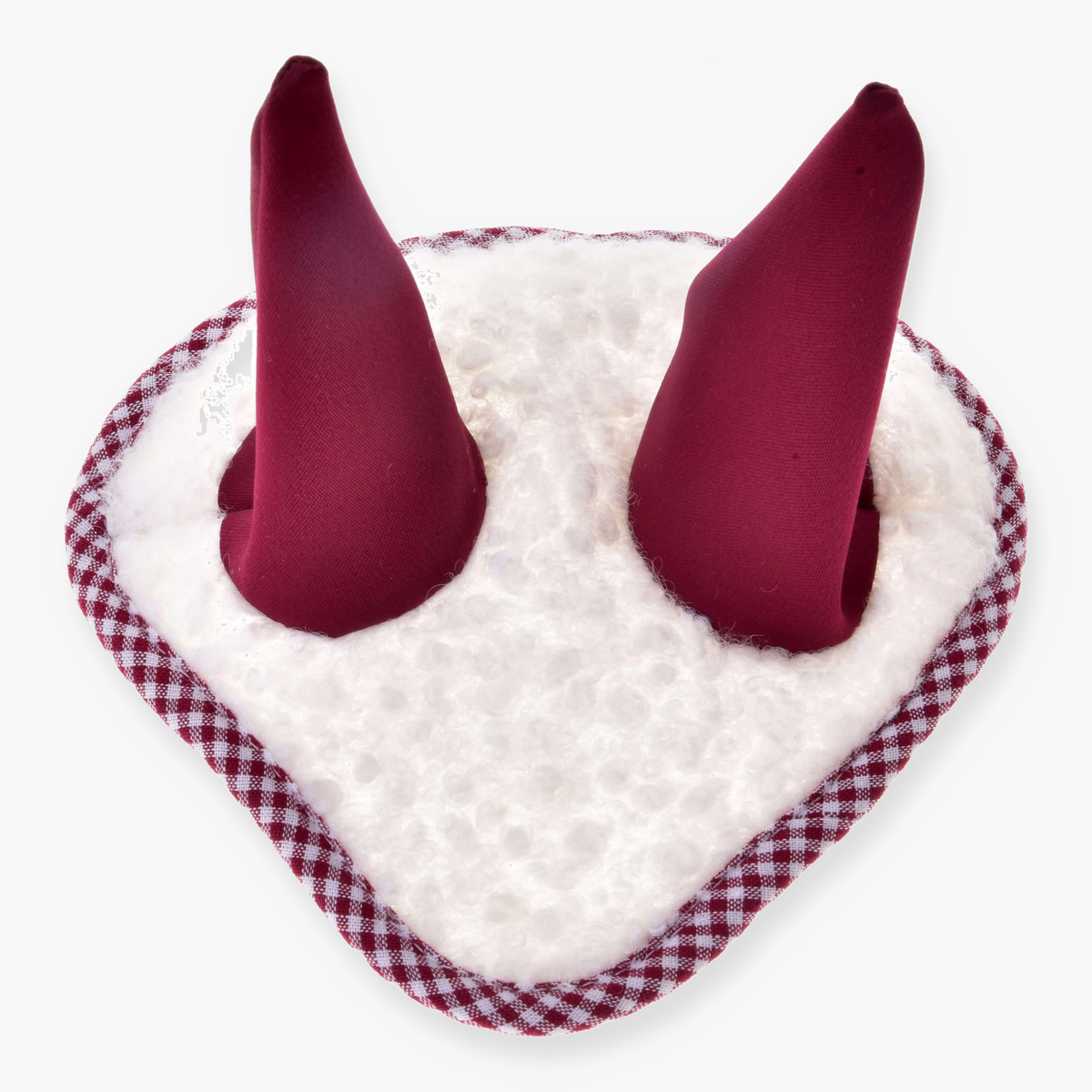 The Hobby Horse LarDen Ear Bonnet Cube Red is a white, heart-shaped plush with red gingham trim and two tall burgundy cones, resembling a whimsical hobby horse ear bonnet.
