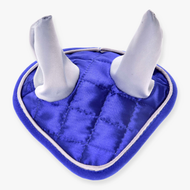 The Hobby Horse LarDen Ear Bonnet DeLuxe Blue, a blue quilted cloth item with two upright gray fabric cones, is shown on a white background.