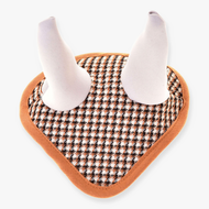 The Hobby Horse LarDen Ear Bonnet English Brown Plaid features a brown and white checkered pattern with two white cone-shaped ears and a light brown border, ideal for horse insect protection.