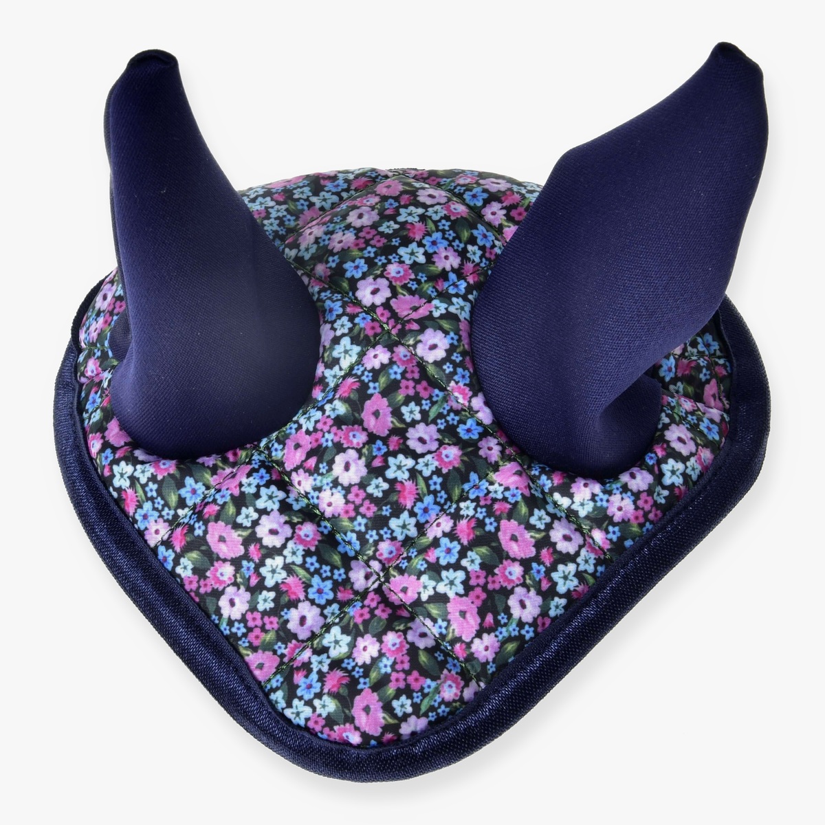 The Hobby Horse LarDen Ear Bonnet Flower features purple and blue ear fabric with a base adorned in small pink, blue, and purple flowers, providing both charming style and effective insect protection.