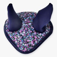 The Hobby Horse LarDen Ear Bonnet Flower features purple and blue ear fabric with a base adorned in small pink, blue, and purple flowers, providing both charming style and effective insect protection.