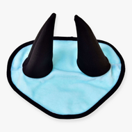 The Hobby Horse LarDen Ear Bonnet Ice Blue features a light ice blue design with two tall, pointed black horns and a black border, shown lying flat on a white background.