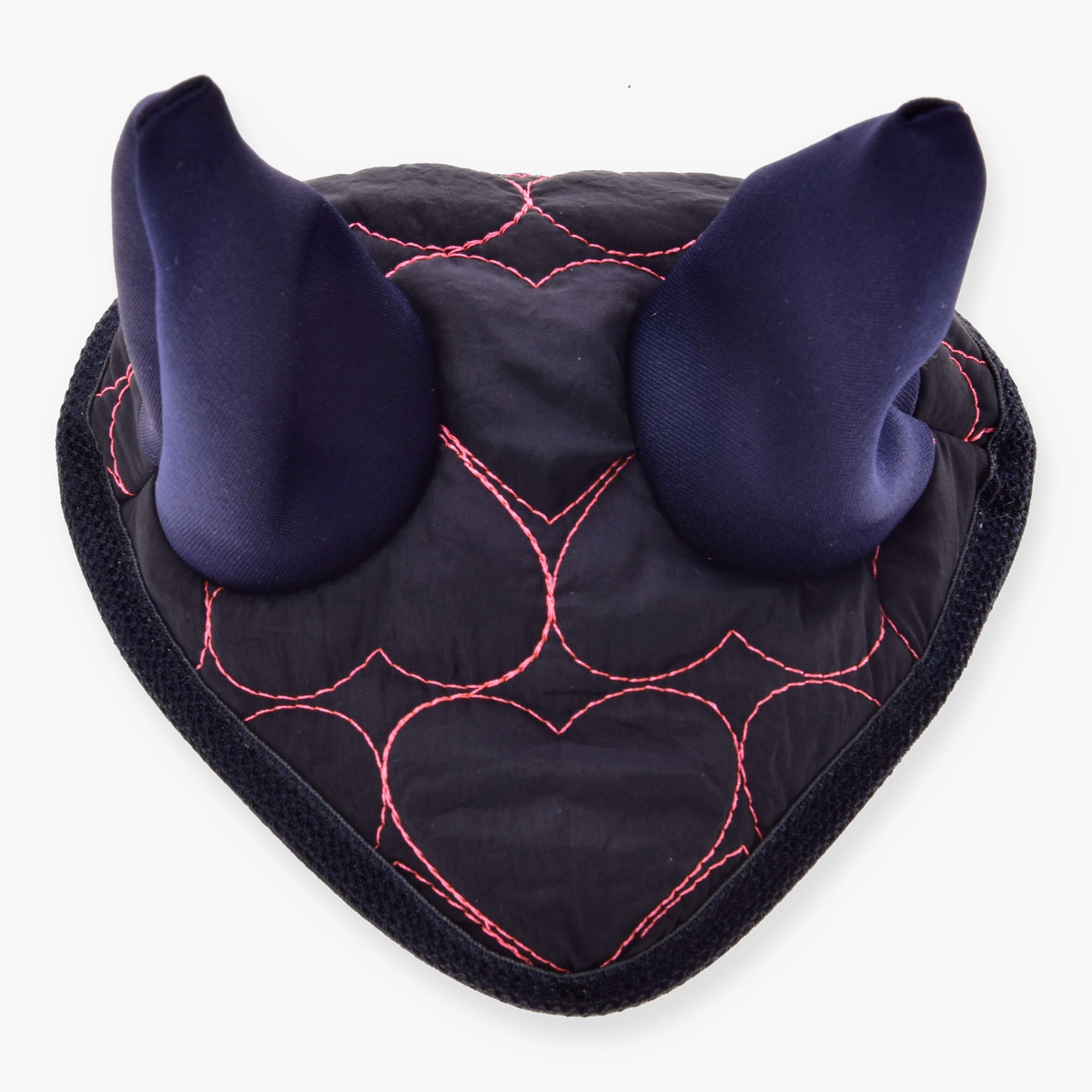 Hobby Horse Ear Bonnet Pink Heart by LarDen, navy quilted with pink heart stitching, navy ears and a navy cord edge