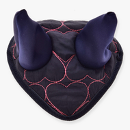 The Hobby Horse LarDen Ear Bonnet Pink Heart is a dark, heart-shaped horse ornament with horn-like padded points and red stitching, resembling fly protection gear, shown from above on a white background.