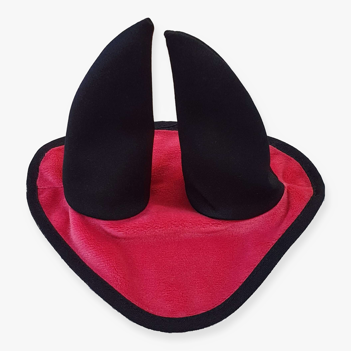 The Hobby Horse LarDen Ear Bonnet Raspberry is a red fabric triangle with a black border and two upright black horns, designed as a costume accessory.