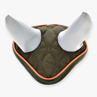 The Hobby Horse LarDen Ear Bonnet Sport is a padded, quilted olive-green ear bonnet with orange trim and soft gray horns—triangle-shaped and perfect for hobby horses, providing ideal insect protection.