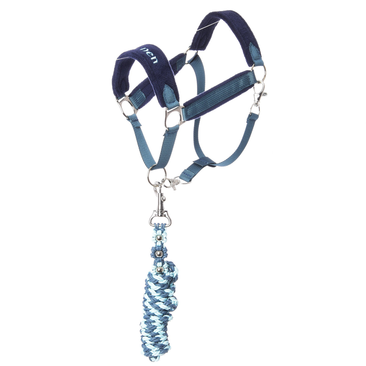 The Hobby Horse LarDen Set LarDen Exclusive Blue is a blue and navy halter with a fleece noseband and an attached coiled blue and white lead rope, shown on a white background.