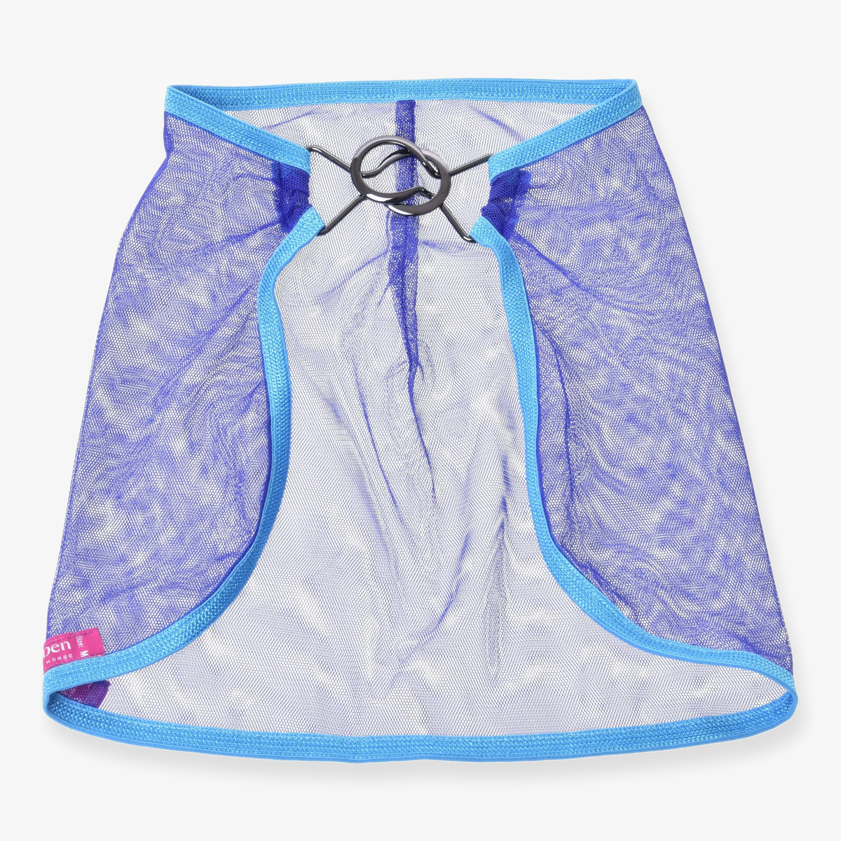 The Hobby Horse LarDen Fly sheet is a blue mesh cape with light blue trim and two black rings at the neckline, shown flat on a white background. A small pink tag decorates the bottom left corner—ideal for hobby horse play.
