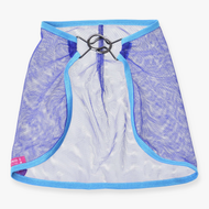 The Hobby Horse LarDen Fly sheet is a blue mesh cape with light blue trim and two black rings at the neckline, shown flat on a white background. A small pink tag decorates the bottom left corner—ideal for hobby horse play.