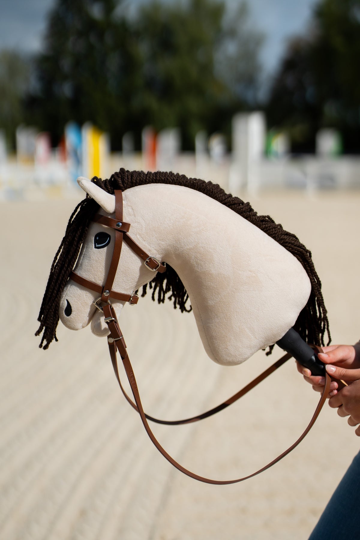 Hobby Horse Frederik LD with black halter showing a beige plush head, brown bridle and reins