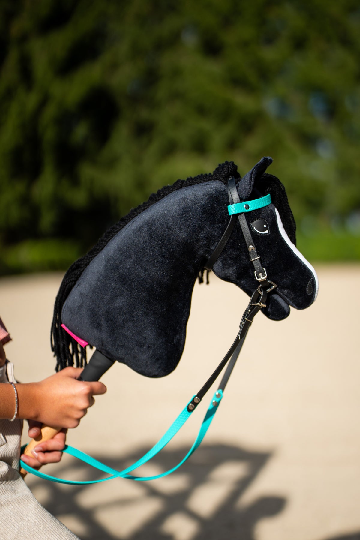 Black plush Hobby Horse wearing a turquoise and black leatherette bridle with reins outdoors