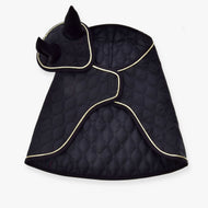 The Set Majestic by Hobby Horse LarDen is a quilted black pet cape with white trim and an attached hood featuring two upright, pointed ears—ideal as a stylish hobby horse ear bonnet for your companion.