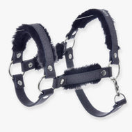 The Hobby Horse LarDen Halter with Fur - Leatherette Graphite Full is a black leatherette halter with silver metal rings and buckles, featuring soft graphite fur lining on the noseband, crown, and cheeks for extra comfort.