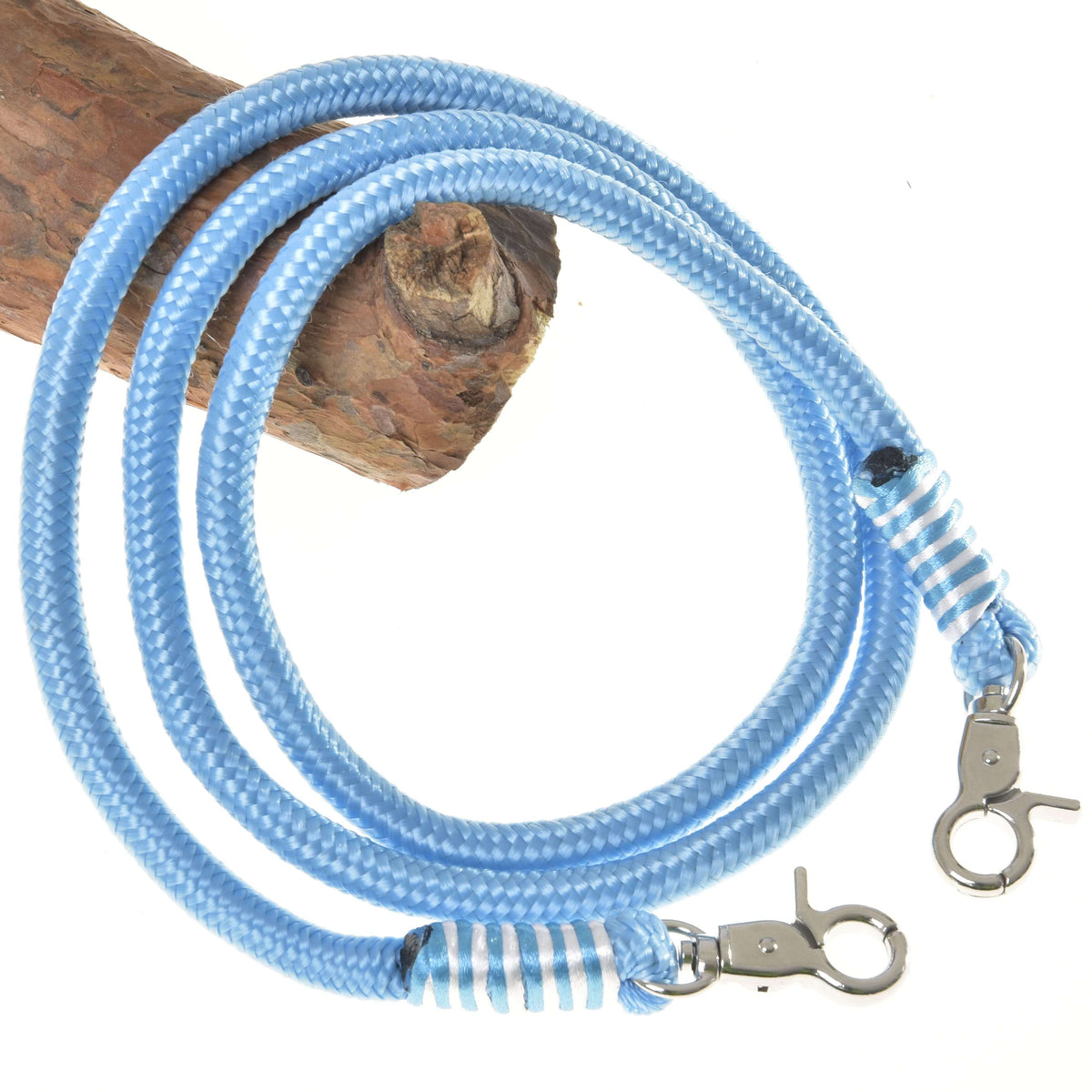 The Reins Heaven by Hobby Horse LarDen is a blue and white striped polypropylene rope with metal clasps at each end, coiled on wood—ideal as hobby horse reins, shown against a white background.