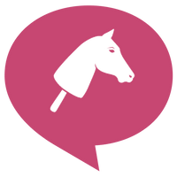 A white silhouette of a hobby horse head on a stick is centered inside a large pink speech bubble on a light gray background, evoking the playful spirit of hobby horsing.
