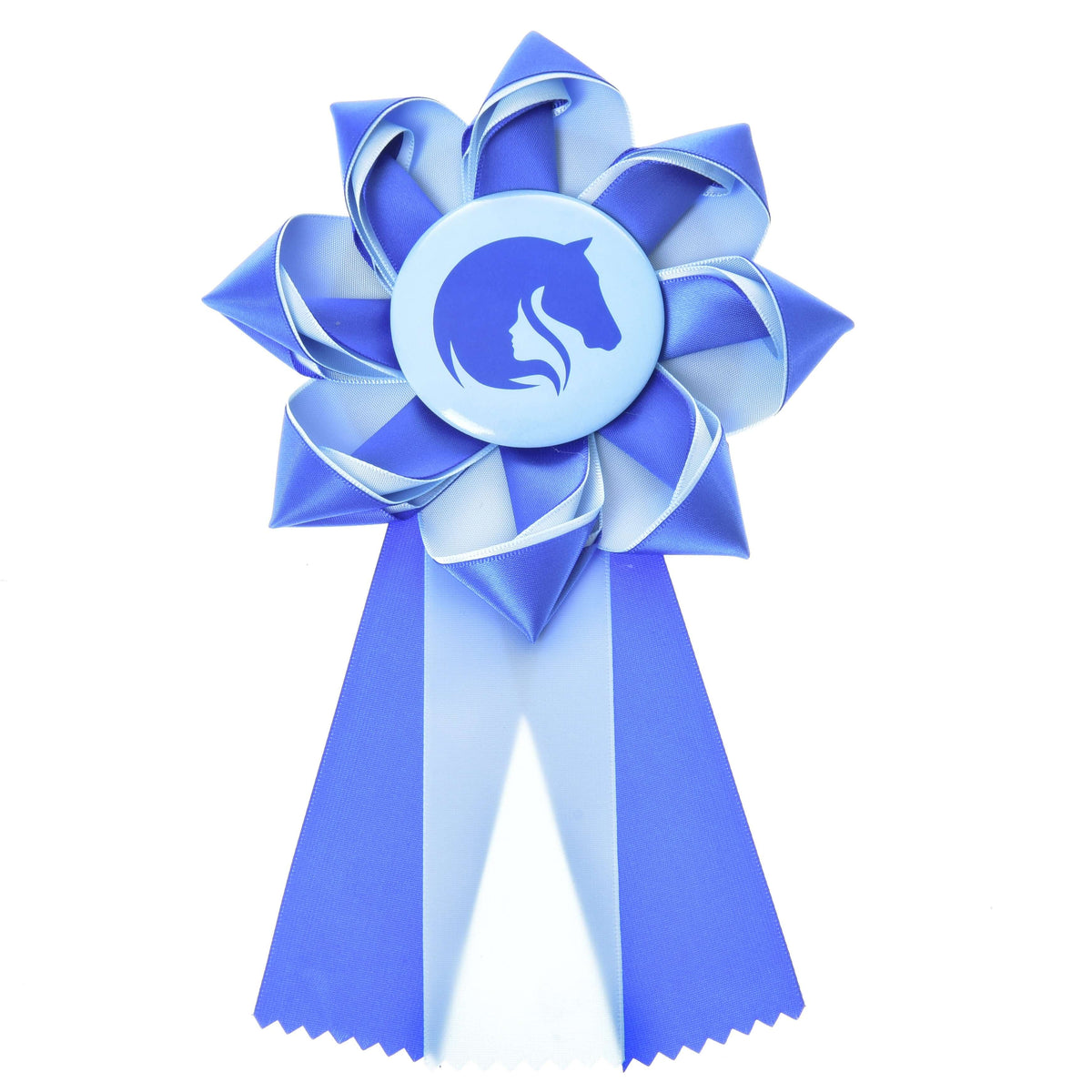 The Hobby Horse LarDen "Hobby Horse Ribbon Blue" is a blue and light blue rosette with two tails, featuring a dark blue stylized horse head in the center.