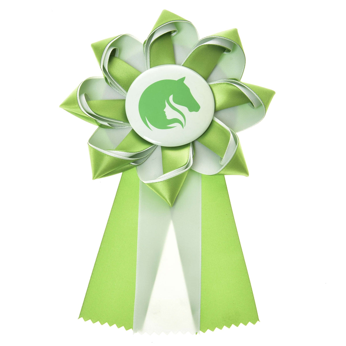 The Hobby Horse LarDen Hobby Horse Ribbon Green features a rosette with a horse head silhouette in the center and comes in green, white, and light green. This show ribbon has two tails with zigzag-cut ends.