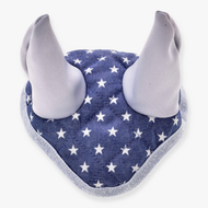The Hobby Horse LarDen Ear Bonnet Star is a blue quilted fabric fly bonnet with white stars, two upright soft gray ears, and silver trim for horse protection.