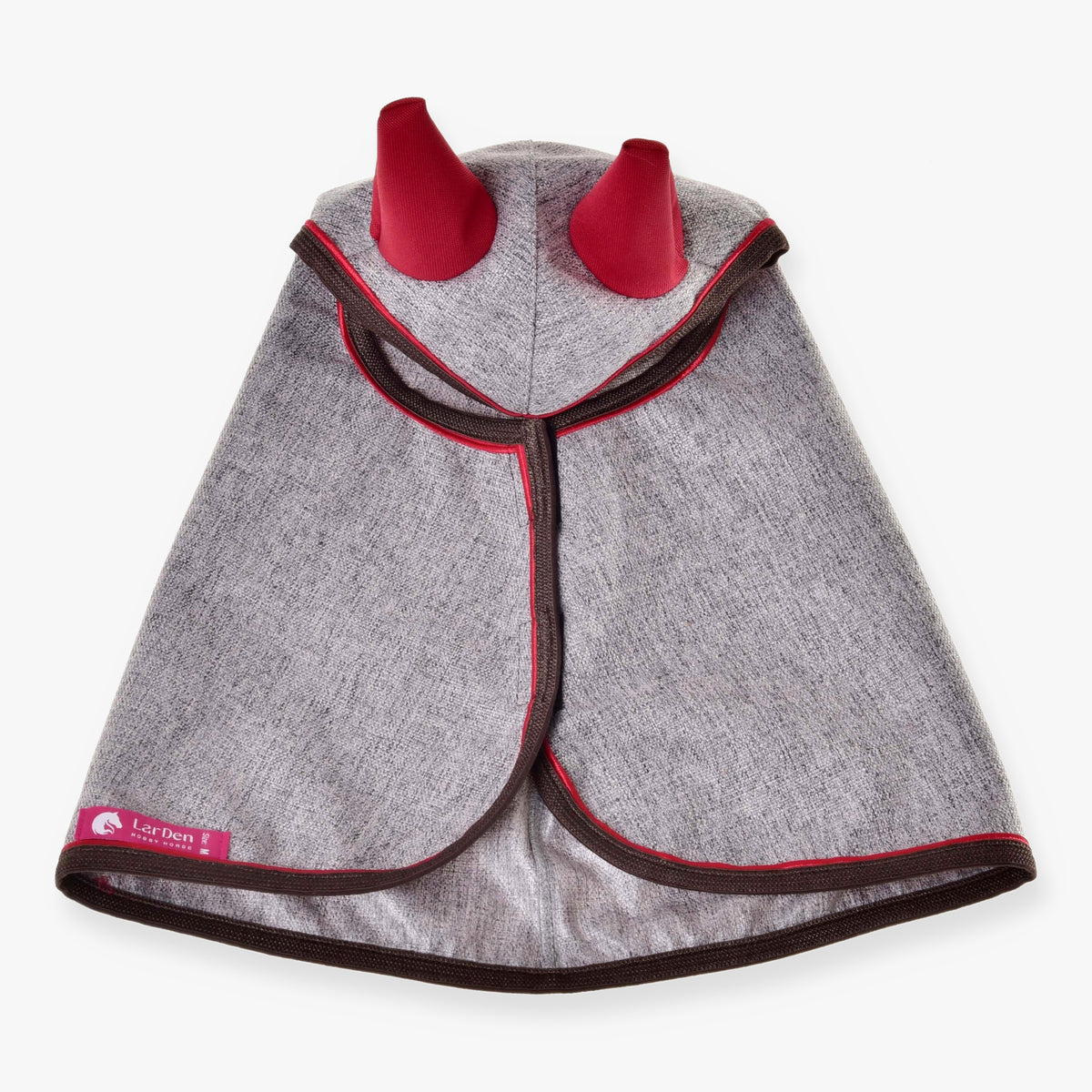 Hobby Horse Raincoat Leonardo by LarDen from above, heathered grey with red ears and brown binding with red piping