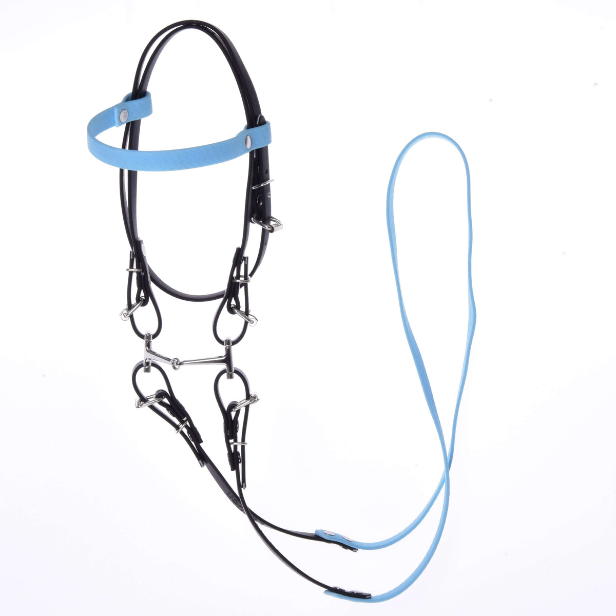 The Hobby Horse LarDen Complete bridle without noseband in light blue is a black and light blue leatherette bridle with metal buckles and rings, detachable reins, shown on a white background.