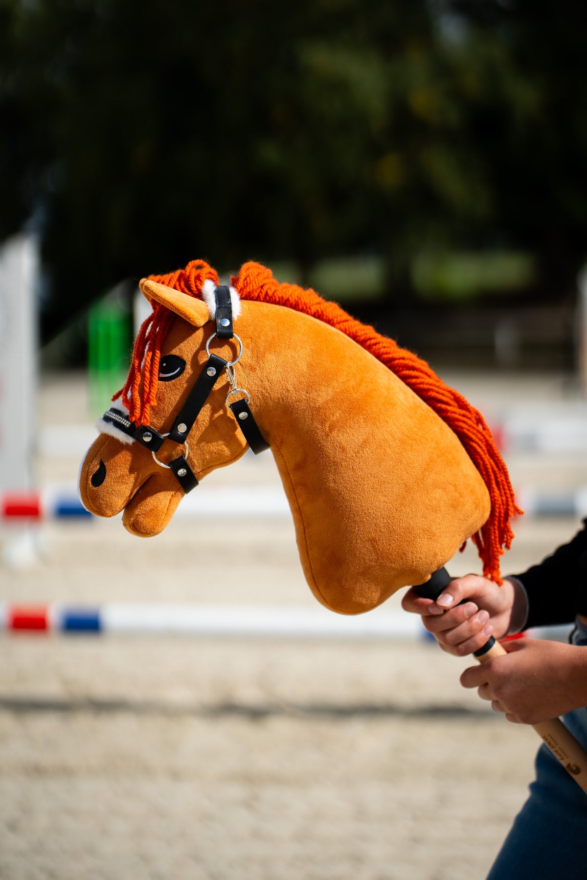 Hobby Horse Little Angel with Black Halter held beside arena jump poles, with chestnut plush head and orange yarn mane