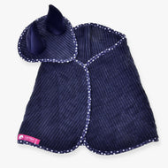 The Set Manchester Blue Star by Hobby Horse LarDen is a navy ribbed fabric animal cape with a hood, dark pointed ears, and white flower trim. It features a pink label in the corner—ideal as an ear bonnet for your hobby horse.