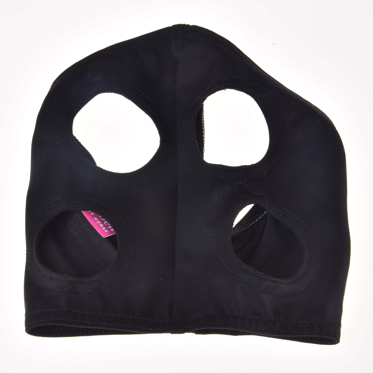 The Horse Mask without ears Flamingo by Hobby Horse LarDen is a black PES mask with four large oval cutouts in a square pattern, shown on a white background. It has a pink tag on the left and is perfect as a Hobby Horse protective mask.
