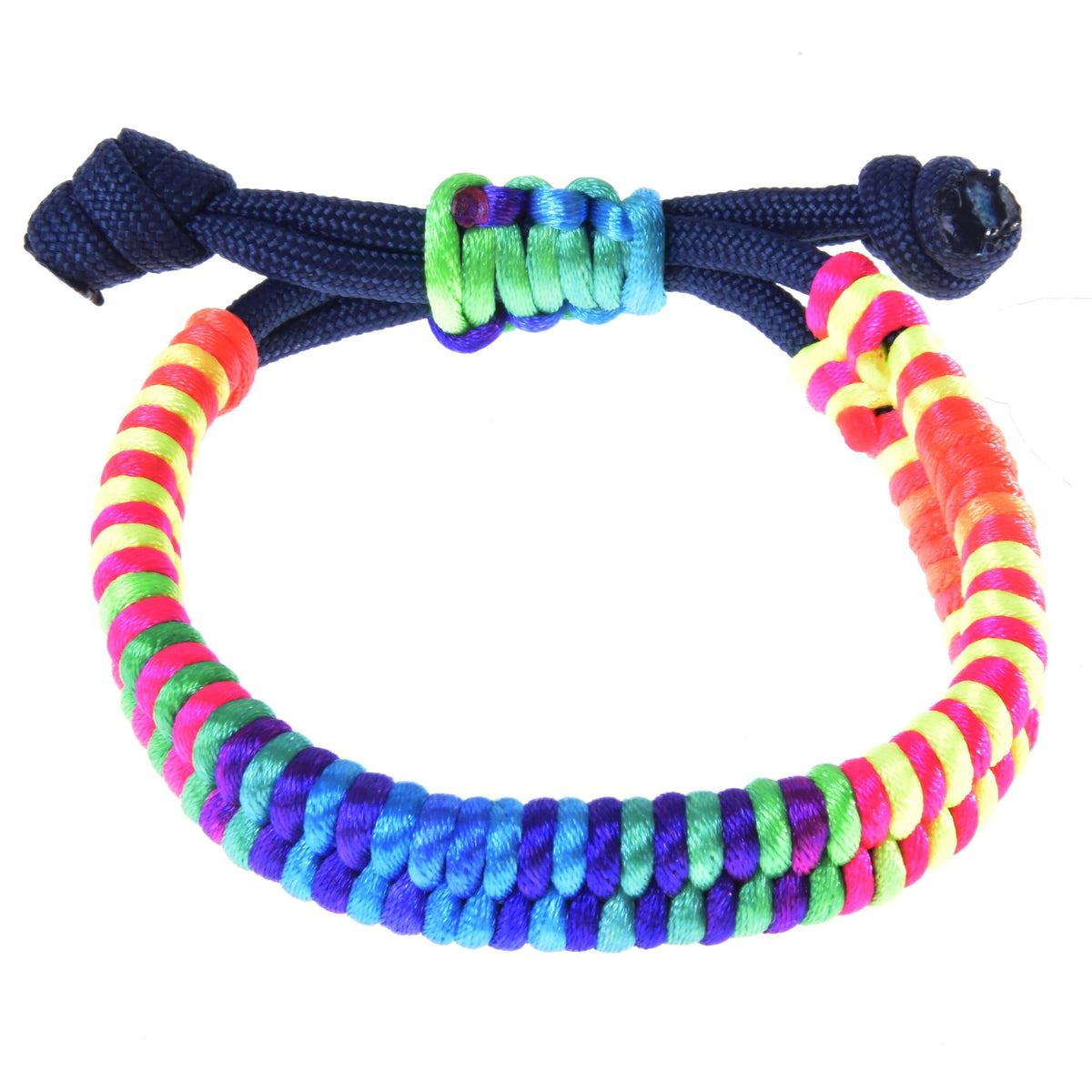 Hobby Horse armbånd Rosemary fra LarDen: flettet snor i neonregnbuefarver på et marineblåt justerbart bånd