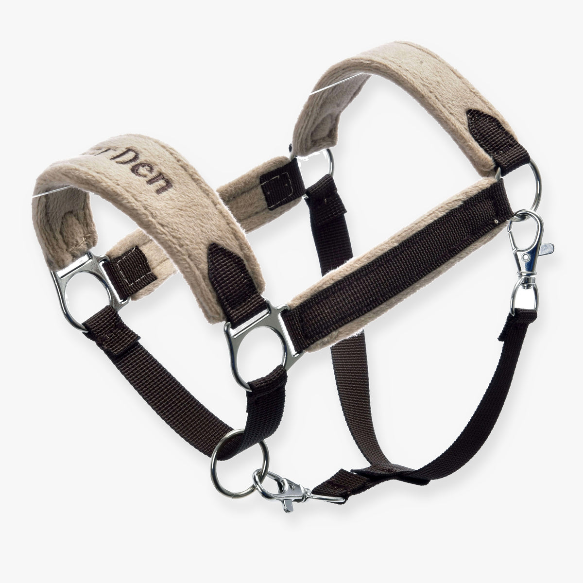 Hobby Horse Fur Halter LarDen Brown with beige fleece padding, dark brown straps, silver rings and a snap hook