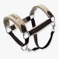 The Hobby Horse LarDen Fur Halter LarDen Brown is a padded tan and brown harness with metal rings and clips, featuring a soft fleece noseband, adjustable straps, and cozy lining for animal comfort.