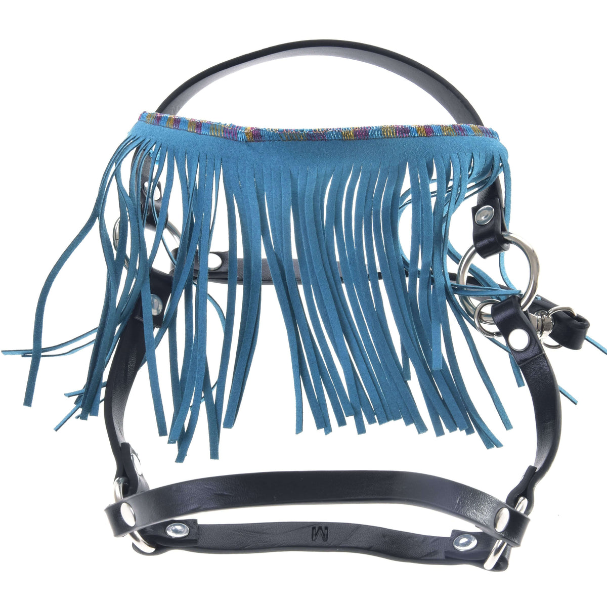Hobby Horse Halter black with turquoise fringes by LarDen in black leatherette, with a multicoloured stitched trim