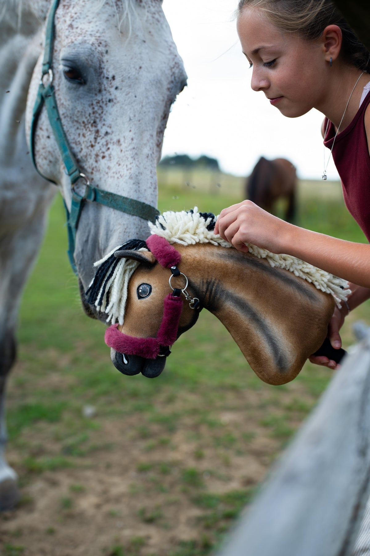 Real grey horse sniffing Hobby Horse Ozzy in a maroon fur halter, held up by a girl in a maroon top