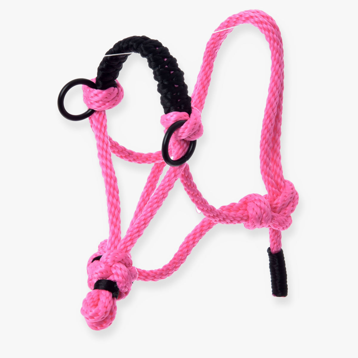 The Rope halter Pink by Hobby Horse LarDen features black accents, metal rings, and is made from braided rope with adjustable knots and loops for a perfect fit as a hobby horse accessory.