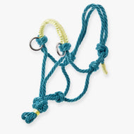 The Rope halter Turquoise by Hobby Horse LarDen features yellow accent wraps and metal rings, ideal as a stylish hobby horse accessory or for use on a horse.