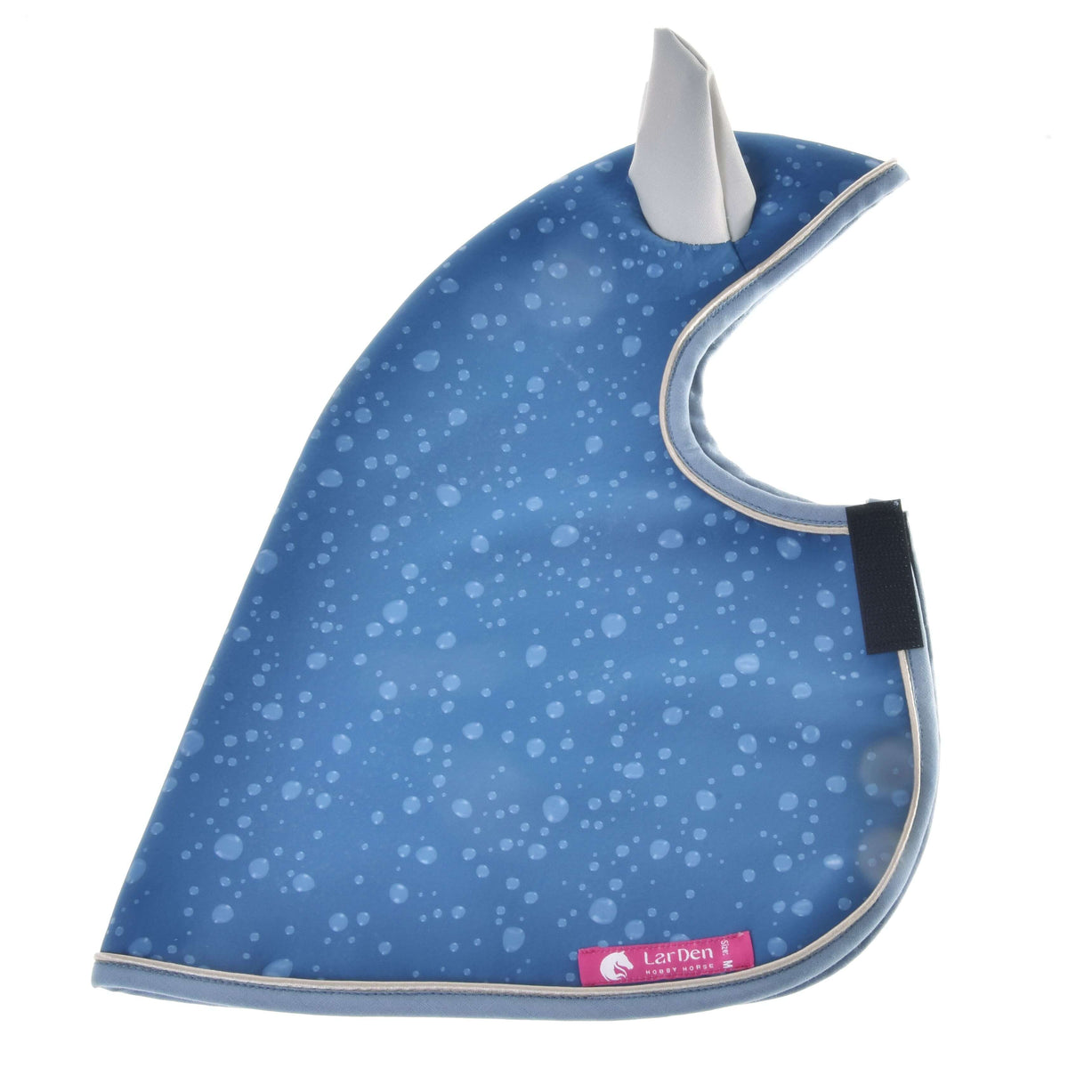 A blue, water-resistant Raincoat Dolly (softshell) by Hobby Horse LarDen with a droplet pattern, gray edging and upright ear section, Velcro strap, and pink “LarDen” label—designed for all weather.