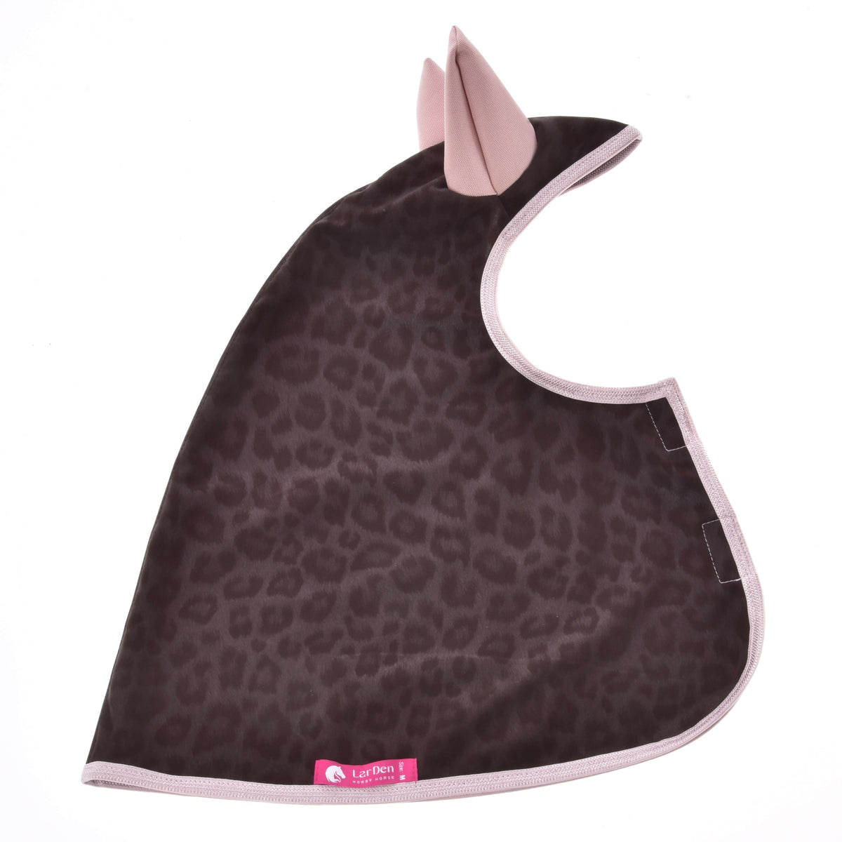 The Raincoat Milly by Hobby Horse LarDen is a dark brown, leopard-print pet cape with light pink trim and two pointed ear shapes, designed for all weather. Displayed flat on a white background.