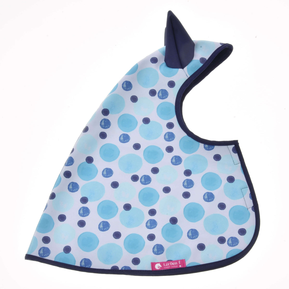The Raincoat Bubbles bib by Hobby Horse LarDen has blue and teal polka dots, dark trim, a pointed ear-like top detail, and a rounded shape with a small pink tag—perfect for kids who love hobby horse style.