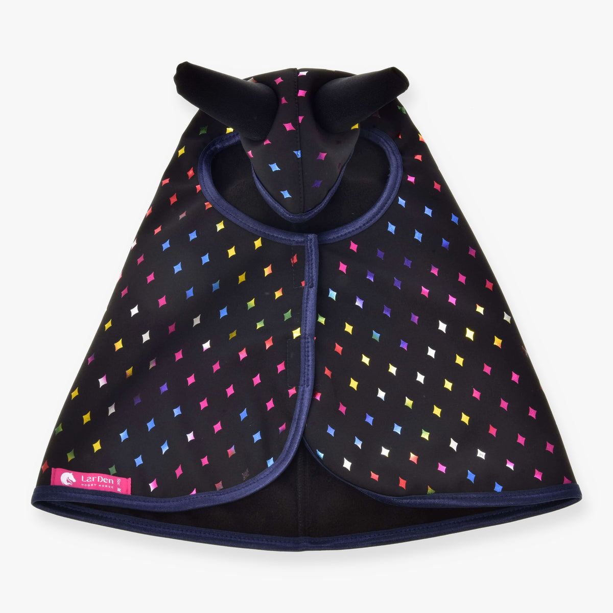 Hobby Horse Raincoat Sparkling Queen by LarDen opened out from above, rainbow foil diamonds on black with a black lining