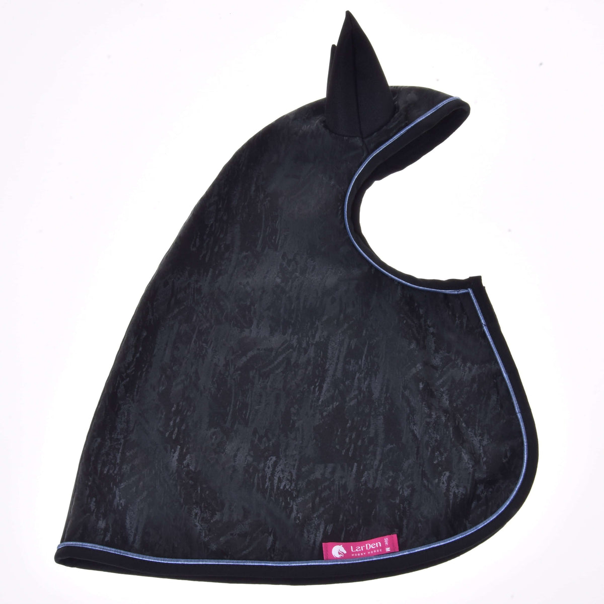 Hobby Horse Raincoat Silver Stone laid flat with marbled black fabric, black ear, blue piping and pink LarDen label