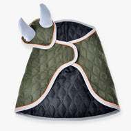 The Set Moos by Hobby Horse LarDen is a quilted olive green pet coat with light gray lining, orange trim, and two soft gray horns on the hood, resembling a whimsical Hobby Horse blanket, displayed flat on a white background.