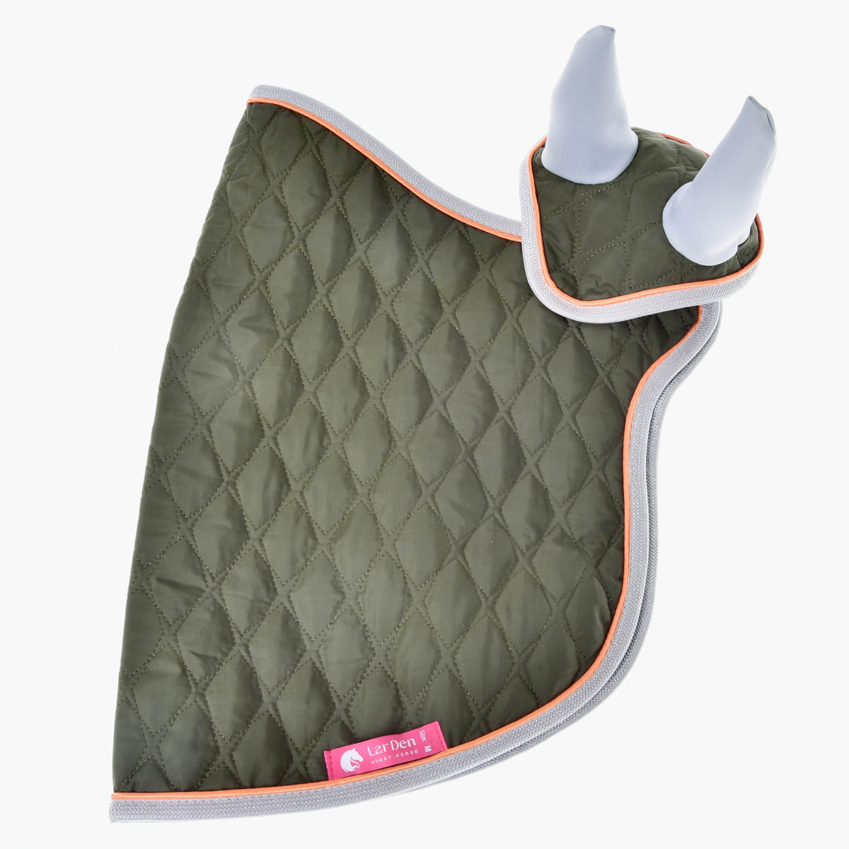 The Set Moos by Hobby Horse LarDen is a green quilted horse ear bonnet with gray trim, orange edging, white ear covers, and a pink label—ideal as a stylish decoration or to match your Hobby Horse blanket.
