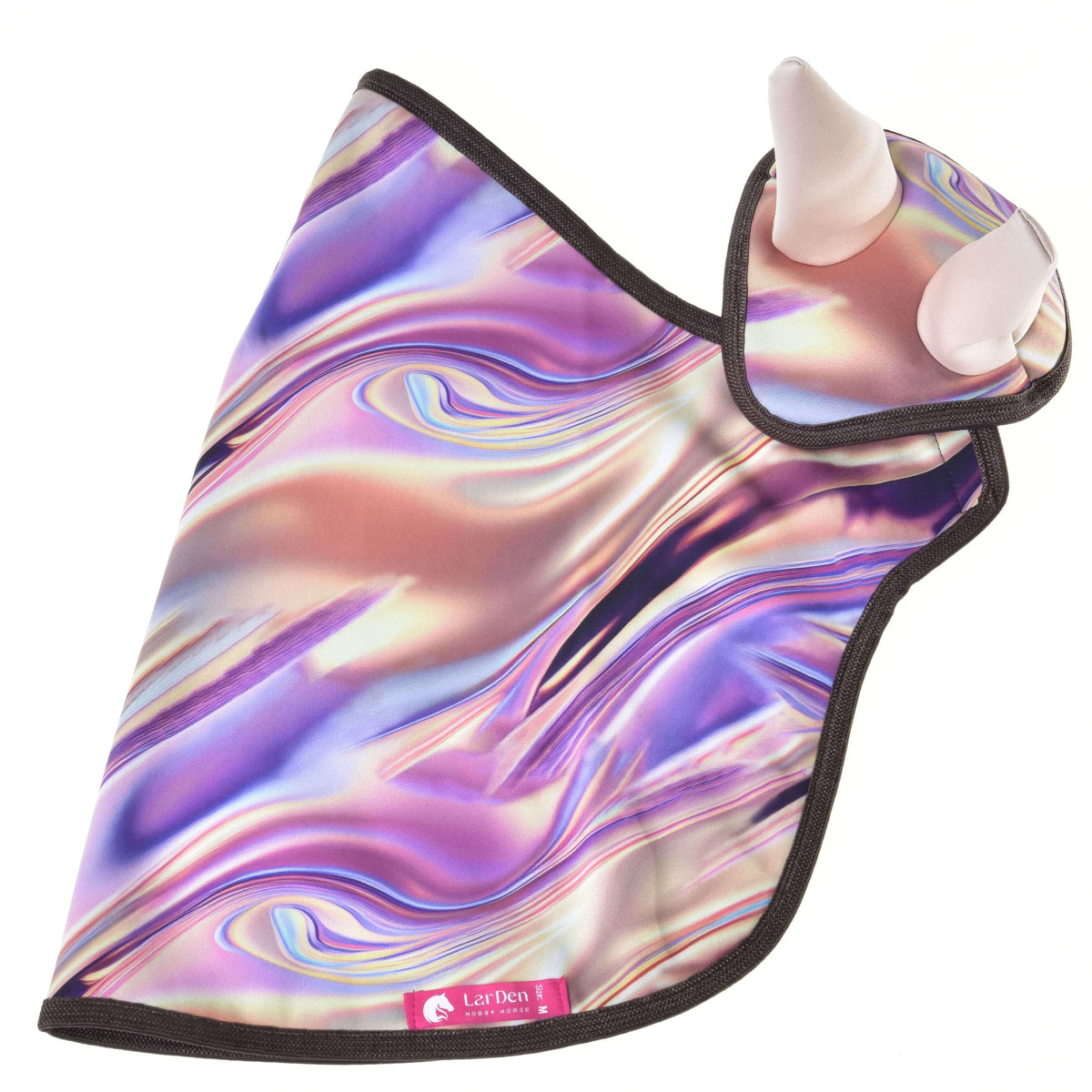 Set Valery by Hobby Horse LarDen is an iridescent blanket set with swirling pink, purple, and blue hues edged in black, designed for two white cone-shaped ear bonnets. A pink label with white text is attached to the fabric.