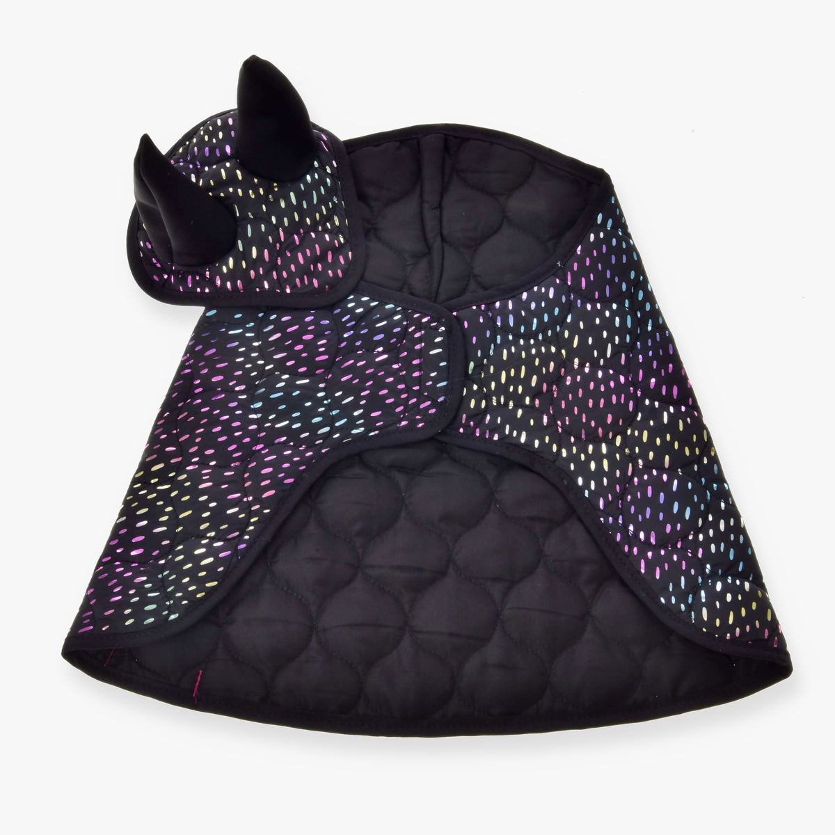 The Set Dreamy by Hobby Horse LarDen includes a black quilted cape with multicolored dots and a matching ear bonnet with two pointed black horns, both displayed flat on a white background.