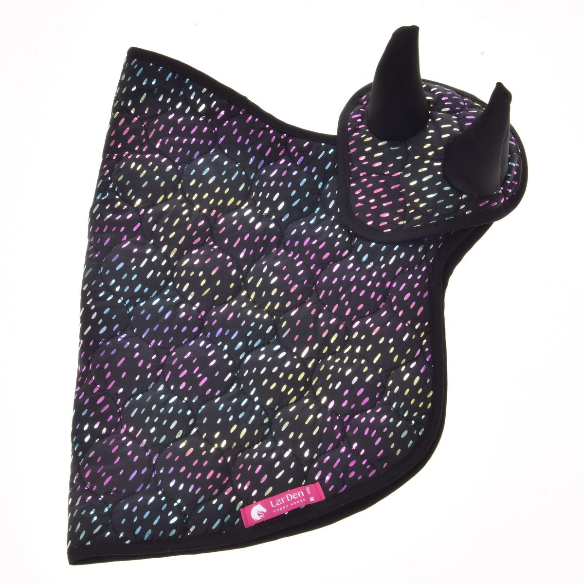 The Set Dreamy by Hobby Horse LarDen includes a black ear bonnet and matching saddle pad with a colorful dotted pattern and pink label, perfect for decorating your horse and beautifully displayed on a white background.