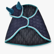 The Hobby Horse LarDen Set Supreme Turquoise is a quilted navy cape with teal trim and a hood featuring two fabric horns, ideal as a playful hobby horse blanket or for use in an imaginative ear bonnet set.